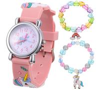 iplusmile Quarzuhr und Armband Set mit Rosa Einhorn Motiv Bunte Regenbogen Uhr mit Perlenarmband Süßes Schmuckset für Mädchen für Geburtstag Schule und Weihnachten
