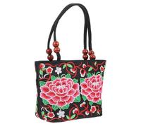 iplusmile Vintage und Polyester Reißverschluss Doppelter Holzperlen Baumwolle Handtasche mit Pfingstrosenstickerei Umhängetasche Zufälliger Stil Damen für Alltag