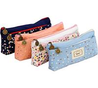 ipow 4 Stück Federtasche 2-Fach, Vintage Leinwand Pastorale Stil Blume Muster Federmäppchen Stiftemappe stiftemäppchen Griffelmappe klein Kosmetiktasche, dunkelblau, hellblau, weiß & rosa