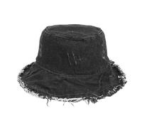 IPUDIS Bucket Hat Aus Gewaschenem Denim für Damen, Sonnenschutz Im Used-Look, Ausgefranster Fischerhut, Breite Krempe, Strand-Sonnenkappe für Sommer, Reisen und Urlaub, Schwarz, 56-58 cm