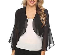 IQYU Chiffon Jacke Damen Rot Bolerojacke Festlich Für Kleid Cardigan Kurz Sommer Bolero Langarm Schulterjacke Leichte-Strickjacke Transparente 3/4 Ärmel Shrug Für Abendkleider Hochzeit