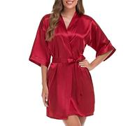 IQYU Damen Satin Bademantel Schwarz Kimono Morgenmantel Kurz Nachtwäsche Seide Sexy Bademäntel V-Ausschnitt Mit Gürtel Nachthemd Leicht 3/4 Ärmel Pyjama Braut Brautjungfern Schlafkleid