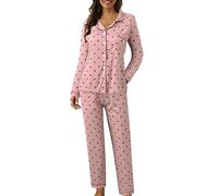 IQYU Hausanzug Damen Baumwolle Winter Lagarm Schlafanzug Herbst Nachtwäsche Langarm Sleepshirt Mit Taschen Schlafanzüge Zweiteiliger Pyjama Set Warm Schlafanzüge Loungewear Nachthemd Sleepwear