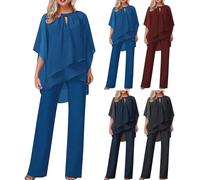 IQYU Hosenanzüge Für Damen Elegant Zweiteilig Hosenanzug Festlich Elegant 2 Teilig 3/4 Batwing Ärmel Unregelmäßiger Shirts Weites Bein Hose Hochzeit Festliche-Abendanzug Chiffon-Freizeitanzug
