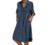 IQYU Jeanskleid Damen Knielang Plus Size Mit Taschen - Freizeitkleid Damen