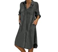 IQYU Jeanskleid Damen Sommer Kurz - Hemdblusenkleid Damen Midi Langarm，Damenkleider Elegant Knielang Locker Gerade Kleider Freizeitkleid Mit Taschen Leicht Sommerkleider Mit Knöpfen Schwarz Jeanskleid