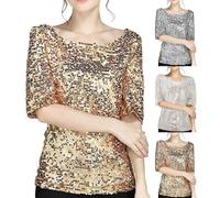 IQYU Pailletten Oberteil Gold-Glitzer-Oberteile Damen Silvester Blusen 3/4 Arm Festlich Blusenshirt Party Pailettenoberteile Große Größen Longshirt Metallic Damenblusen Tunika Für Party Club Karneval