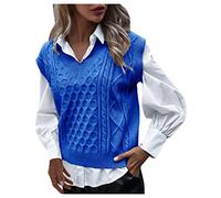 IQYU Pullunder Damen äRmellos Lang: Strickweste Damen Sweater Jacke Oversized Strickpullover Elegant Zopfmuster-Pullover V-Ausschnitt Strickweste Preppy Style Weste Strick-Pullunder Warm Pulli