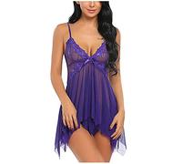 IQYU Shorty Pyjama Damen Ärmellos Sexy Nachthemd Nachtkleid Spitze Negligee V Ausschnitt Sleepwear Mit Spaghetti Strap Nightdress Leicht Chemise Soft Nachtwäsche Rot Nachthemden Bezaubernd