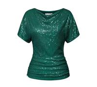 IQYU Silvester Outfit Damen Sexy Elegant | Pailletten Oberteil Damen Silber-Glitzershirt V-Ausschnitt Kurzarm Paillettenoberteil Sparkle Blouse Sommer Glitzer Top Festliche Blusen Party Wickelbluse