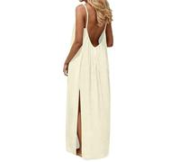 IQYU Sommerkleid Damen Lang Maxikleid Elegant: Rückenfreies Kleid Spaghettiträger-Sommerkleider Sexy Große Größen Strandkleid Mit Schlitz Leinenkleider Ärmellos Musselin-Kleid Boho Strandkleider