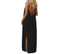 IQYU Sommerkleid Damen Lang Maxikleid Elegant: Rückenfreies Kleid Spaghettiträger-Sommerkleider Sexy Große Größen Strandkleid Mit Schlitz Leinenkleider Ärmellos Musselin-Kleid Boho Strandkleider
