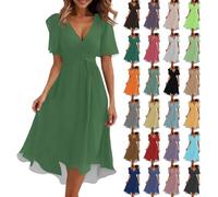 IQYU Sommerkleid Damen Leicht Und Luftig Lang Elegant Chiffonkleid Rosa | Festlich Große Größen Abendkleider Rüschen Knielang A-Line Cocktailkleid V-Ausschnitt Festliche kleider Abendkleid