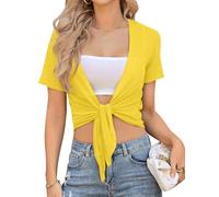 Irevial Damen Bolero Chiffon Schulterjacke Kurzarm Elegant Kurze Cardigan Leichte Dünn Bolerojacke Casual Top mit Zipfellook Weiß S