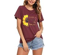 Irevial Damen Tunika Bluse Kurz Sommer Baumwolle Lässig Tee Shirts Kurzarm Oberteil mit Aufdruck Sonnenblume