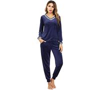 Irevial Damen Velours Hausanzug Nicki Schlafanzug Lang Winter Weicher Pyjama Anzug Set Zweiteiliger Flanell Trainingsanzug Oberteil und Hose mit Taschen