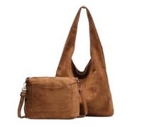 irisaa 2-in-1 Damen Handtaschen Set in Wildleder-Optik, Großer Shopper aus Kunstleder mit Reißverschluss & Umhängetasche mit Abnehmbarem Schultergurt, Hobo Bag, DKB Farbe:Braun