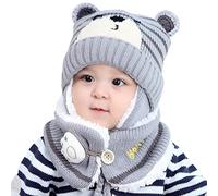 ISAKEN Winter Wolle Gestrickte Mütze Schal Set, Kapuze Mönchskutte Beanie Mützen für Kinder Junge Baby Mädchen Schalmütze Strickmütze Wolleschal Warme Earflap Cap Niedlich Klein Bär Wintermütze