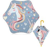 ISAOA Kinder-Regenschirm mit Einhorn-Grafik und Herzen, reflektierende Streifen, automatisch, faltbar, kompakt, Sonnenschirm mit UV-Schutz für Kleinkinder, Jungen, Mädchen