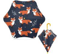 ISAOA Kinder-Regenschirm mit reflektierenden Streifen, Cartoon-Fuchs-Motiv, automatisch, faltbar, kompakt, UV-Schutz, Regenschirm für Kleinkinder, Jungen, Mädchen