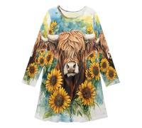 ISAOA Mädchenkleid, langärmelig, T-Shirt-Kleid, Aquarell-Highland-Kuh, Freizeitkleider, A-Linie, Swing-Kleid für Kinder von 3-11 Jahren, #01, 7-8 Jahre