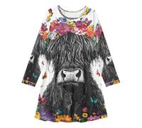 ISAOA Mädchenkleid, langärmelig, T-Shirt-Kleid, Highland-Kuh, Blumen, Schmetterlinge, Freizeitkleider, Kinder, A-Linie, Swing-Kleid für Kinder von 3-11 Jahren, #01, 10-11 Jahre