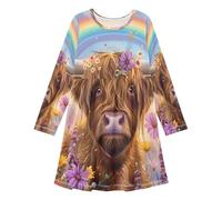 ISAOA Mädchenkleid, langärmelig, T-Shirt-Kleid, Highland-Kuh mit Regenbogen, Freizeitkleider, A-Linie, Swing-Kleid für Kinder von 3-11 Jahren, #01, 5-6 Jahre