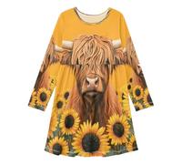 ISAOA Mädchenkleid, langärmelig, T-Shirt-Kleid, Highland-Kuh, Sonnenblume, Freizeitkleider, Kinder, A-Linie, Swing-Kleid für Kinder von 3-11 Jahren, #01, 10-11 Jahre