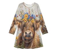 ISAOA Mädchenkleid, langärmelig, T-Shirt-Kleid, niedliches Highland-Kuh mit Hörnern, Freizeitkleider, Kinder, A-Linie, Swing-Kleid für Kinder von 3-11 Jahren, #01, 10-11 Jahre