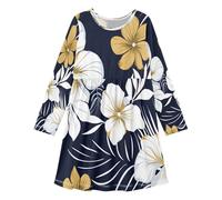 ISAOA Mädchenkleider, langärmelig, T-Shirt-Kleid, Gold-Weiß, Blume, Freizeitkleider, Kinder, A-Linie, Swing-Kleid für Kinder von 3-11 Jahren, #01, 9-10 Jahre