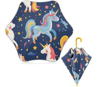 ISAOA Niedlicher Einhorn-Kinder-Regenschirm mit reflektierenden Streifen, automatischer Faltschirm, kompakt, Sonnen-UV-Schutz, Regenschirm für Kleinkinder, Jungen, Mädchen