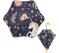 ISAOA Regenschirm für Kinder, Motiv: rosa Einhorn und Sterne, mit reflektierenden Streifen, automatisch, zusammenklappbar, kompakt, UV-Schutz, Regenschirm für Kleinkinder, Jungen, Mädchen