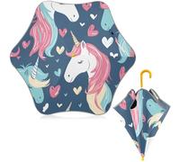 ISAOA Regenschirm für Kinder, nahtlos, Einhorn mit Herzen, reflektierende Streifen, automatisch, faltbar, kompakt, UV-Schutz, Regenschirm für Kleinkinder, Jungen, Mädchen