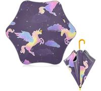 ISAOA Regenschirm für Kinder, Regenbogen-Einhorn-Muster, mit reflektierenden Streifen, automatisch, zusammenklappbar, kompakt, UV-Schutz, Regenschirm für Kleinkinder, Jungen, Mädchen