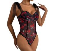 ISCBAFYX Blumen-Body für Damen, V-Ausschnitt, Dessous, Bustier, Korsett, Y2K-Ausgeh-Tops, Netzstoff, durchsichtig, Einteiler