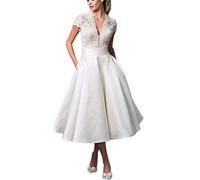 ISCBAFYX Brautkleider aus Spitze, Satin, kurz, A-Linie, große Größen, Hochzeitskleid, Teelang