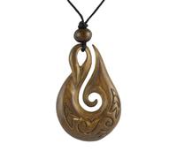 Island Piercings Hei Matau Halskette aus Büffelknochen handgeschnitzt - Maori Fischhaken Anhänger braun- verstellbares Baumwollband - 4,3 cm Knochenanhänger