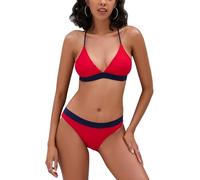 iSLASISIA Damen-Bikini-Badeanzug Criss Cross Back Triangle Bikini Tie Back Bikini Set Zweiteilige Badeanzüge (Rot + blau, EU42)