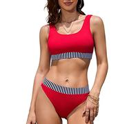 iSLASISIA Damen Sport Badeanzüge Zweiteiliger Crop Top Gerippter Bikini mit frechem Unterteil(Rot & Streifen,EU36)