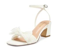 ISNOM Damen-Sandalen mit Schleife, Knoten, Absatz, Knöchelschnalle, Riemen, offener Zehenbereich, Blockabsatz, klobige Absätze, Braut, Hochzeit, Party, modischer Absatz, Weiss/opulenter Garten, 41 EU