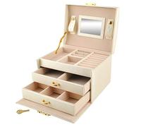 ISO TRADE Schmuckkästchen Koffer 3 Farben Abschließbar Spiegel Tragegriff 2 Schubladen 6347, Farbe:Beige