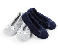 isotoner Damen 2er-Pack Mictroterry Ballerina Slipper mit Satinschleife, Hellgrau, gesteppt, marineblau, einfarbig, 9.5-10.5