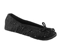 Isotoner Damen Ballerina Hausschuhe mit Frottee gefüttert und Rosensteppdecke, schwarz, 38/39 EU