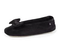 Isotoner Hausschuhe Ballerinas Damen ultrabequem, aus Bio-Baumwolle und Ledersohle, großes Schleifendetail, 39/40 EU, Schwarz