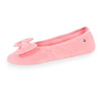 Isotoner Hausschuhe Ballerinas Damen ultrabequem, aus Bio-Baumwolle und Ledersohle, großes Schleifendetail, 41/42 EU, Koralle