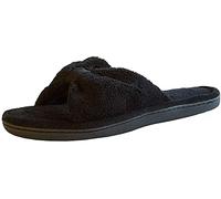 Isotoner Women's Microterry Bow Open Toe Slide Slipper, Black, 7.5-8