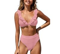 iSpchen,Damen Bikini 2024 Mehrfarbige Auswahl Hoher Bund Badeanzug V-Ausschnitt Ärmellos Nylon Futter,Rosa M