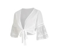 iSpchen Leichte Sommer-Strickjacke für Damen: Offene Vorderseite, Kurze Ärmel, Sonnenschutz-Poncho Blumenmuster aus Chiffon für lässiges Tragen,Weiß,S