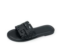 ISZPLUSH Damen-Sandalen, zum Reinschlüpfen, flach, Kunstleder, gesteppt, griechischer Schlüsselriemen, Sommerpantoletten, lässig, elegant, offene Zehen, Schuhe für Resort, Urlaub, Strand, Schwarz, 9.5