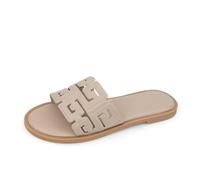 ISZPLUSH Damen-Sandalen, zum Reinschlüpfen, flach, Kunstleder, gesteppt, griechischer Schlüsselriemen, Sommerpantoletten, lässig, elegant, offene Zehen, Schuhe für Resort, Urlaub, Strand, Beige, 9.5